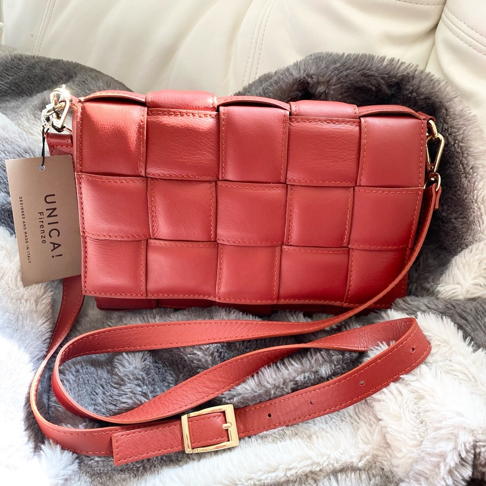 Unica! Firenze Quilted  Italian Genuine Leather Papaya Crossbody Purse